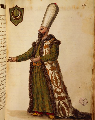 वेनिस में तुर्की के राजदूत, Gli abbigliamento de veneziani (वेनेटियन की वेशभूषा), खंड II, प्लेट 121 से Giovanni di Grevembroch द्वारा रंगीन उत्कीर्णन द्वारा जन वैन ग्रीवेनोबेक