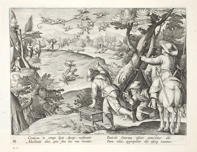 फाउलर्स, कौवे को पकड़ते हुए, जन Collaert (1566-1628), पब द्वारा उत्कीर्ण &39;वेनेशन, फेरारम, एवियम, पिस कैल्शियम&39; (शिकार का: जंगली जानवर, पक्षी, मछली) से चित्रण। फिलिप्स गैलैस, एम्स्टर्डम (इंग्लैंड) द्वारा द्वारा जन वैन डर स्ट्रेट