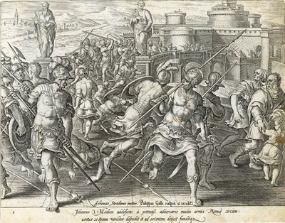 फ़िलिप गैली (1537-1612) द्वारा उत्कीर्ण, &39;द हिस्ट्री ऑफ़ द मेडिसी&39; से प्लेट 1 में गिओवन्नी डी &39;मेडिसी को रोम में घिरा द्वारा जन वैन डर स्ट्रेट