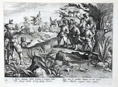 जेक का शिकार करने के लिए फाल्कन का उपयोग करने वाले शिकारी, जन कोलार्ट (1566-1628) द्वारा उत्कीर्ण, &39;वेनेशन, फेरम, एवियम, पिस कैल्शियम&39; (शिकार का: जंगली जानवर, पक्षी, मछली) से चित्रण, पब। फिलिप गैलस, ए द्वारा द्वारा जन वैन डर स्ट्रेट