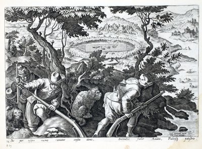 बतख के लिए शिकार, &39;कोलाशन, फेरारम, एवियम, पिस कैल्शियम&39; (शिकार का: जंगली जानवर, पक्षी, मछली) से चित्रण, जन कोलार्ट (1566-1628), उत्कीर्ण द्वारा पब फिलिप गैलस, एम्स्टर्डम (engravin) द्वारा द्वारा जन वैन डर स्ट्रेट
