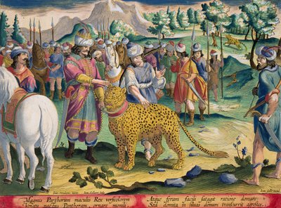 पार्थियन्स हंट्स के महान राजा अपने टेम पैंथर्स के साथ, जन वेलेर (1566-1628) द्वारा प्रकाशित &39;कोलाजेस फारारम, एवियम, पिस कैल्शियम&39; (शिकार के: जंगली जानवर, पक्षी, मछली) से प्लेट 9 द्वारा जन वैन डर स्ट्रेट