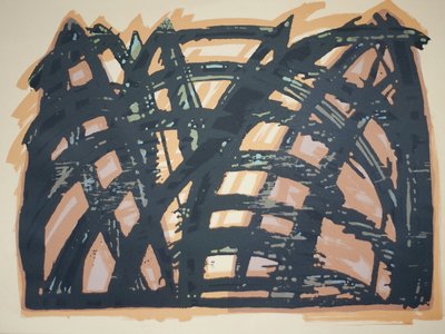 हेड ऑन (iii), 2014 (चेनसॉ वुडकट और सिल्कस्क्रीन) द्वारा जेनेट मैकेंजी