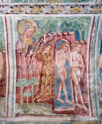 Hrastovlje गढ़वाले चर्च, ट्रिनिटी चर्च, एडम और ईव को स्वर्ग से निष्कासित (1490), जेनेज़ इज़ कस्तवा, स्लोवेनिया द्वारा भित्तिचित्रों से विस्तार द्वारा जनेज कस्तव