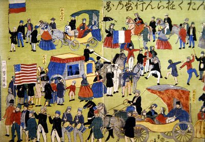 जापान के योकोहामा में पहुंचने वाले अमेरिकी, डच और फ्रांसीसी आगंतुक, c.1860 (रंगीन वुडकट) द्वारा जापानी स्कूल