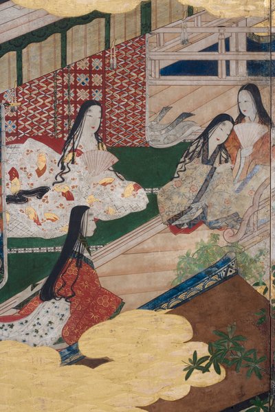 पैलेस में स्प्रिंग का विस्तार, द टेल ऑफ़ जेनजी से छह गुना स्क्रीन, c.1650 (स्याही, रंग और कागज पर सोना) द्वारा जापानी स्कूल