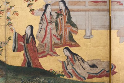 पैलेस में स्प्रिंग का विस्तार, द टेल ऑफ़ जेनजी से छह गुना स्क्रीन, c.1650 (स्याही, रंग और कागज पर सोना) द्वारा जापानी स्कूल