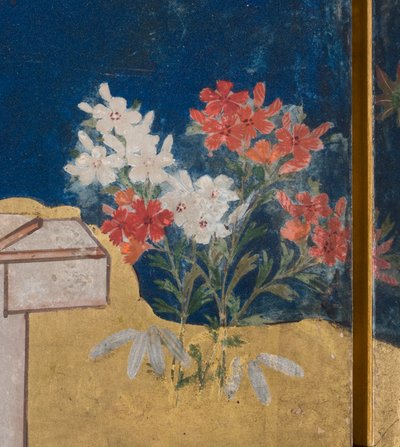 पैलेस में स्प्रिंग का विस्तार, द टेल ऑफ़ जेनजी से छह गुना स्क्रीन, c.1650 (स्याही, रंग और कागज पर सोना) द्वारा जापानी स्कूल