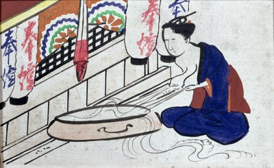 दूध को व्यक्त करने वाली एक महिला का चित्रण ईमा (विओत पट्टिका) द्वारा जापानी स्कूल
