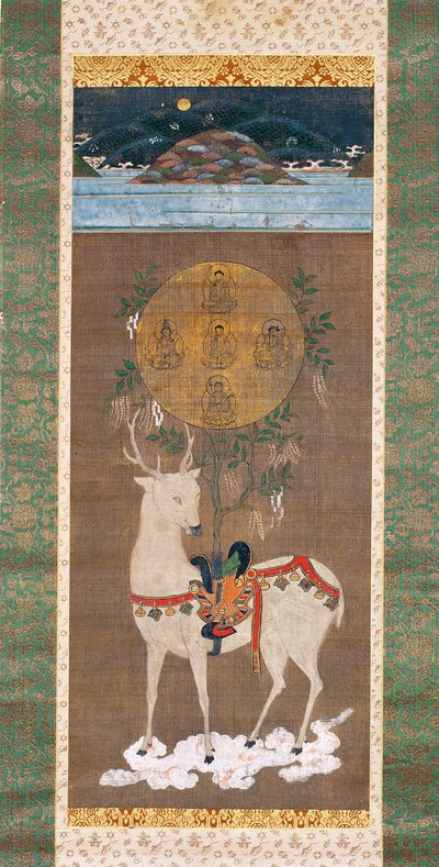 मंडला, मुरोमाची अवधि (1392-1573) के साथ कसुगा हिरण (रेशम पर पेंटिंग) द्वारा जापानी स्कूल