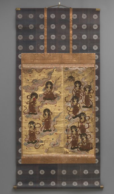 भित्ति चित्र: पच्चीस बोधिसत्वों का वंश (अमिताभ त्रय के परिचारक), 18 वीं शताब्दी (ट्रिप्टिच हैंगिंग स्क्रॉल: कागज, पीतल पर स्याही, रंग और सोने की पत्ती) द्वारा जापानी स्कूल