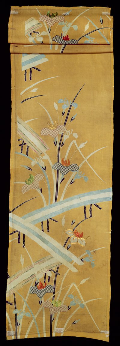 Irises और पुलों के साथ कपड़ा का नमूना (कशीदाकारी विवरण के साथ कशीदाकारी रेशम) द्वारा जापानी स्कूल
