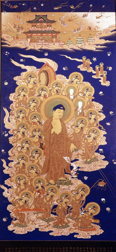 अमिदा बुद्ध स्वर्ग से उतरते हैं, यह अमिताभ बुद्ध का जापानी नाम है। यमातो स्कूल की पेंटिंग - 16वीं सदी का ई। जेनोआ, म्यूजियो चियोसोन। द्वारा जापानी स्कूल