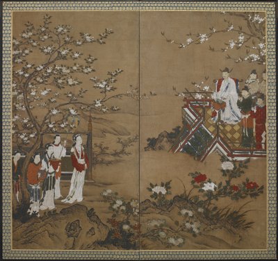 चीनी सम्राट मिंग हुआंग और उनकी उपपत्नी यांग कुई-फेइ फूलों को खिलने के लिए खेलती और गाती हैं, एदो काल (कागज पर रंग और सोना) द्वारा जापानी स्कूल