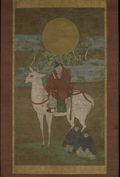 काशिमा से प्रस्थान (कासुगा के देवता बाहर), 14 वीं शताब्दी के अंत में (हैंगिंग स्क्रॉल: स्याही, रंग और रेशम पर सोना) द्वारा जापानी स्कूल