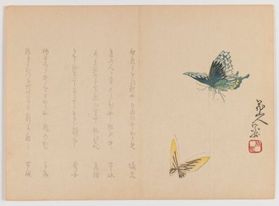दो तितलियों, c.1860 (वुडब्लॉक प्रिंट, क्षैतिज चोबान योको-ए प्रारूप) द्वारा जापानी स्कूल