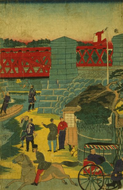 जापान में गाँव का दृश्य विभिन्न गतिविधियों में लगे लोगों को दिखाता है, c.1870 द्वारा जापानी स्कूल
