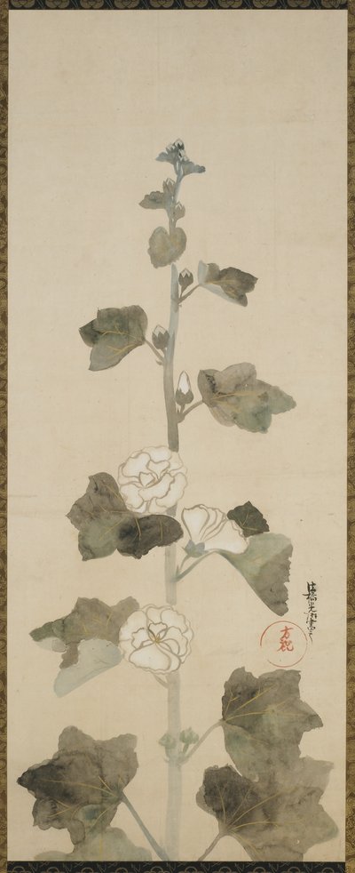 सफेद होलीहॉक, ईदो अवधि, 1615-1868 (कागज पर स्याही, टिंट और सोना) द्वारा जापानी स्कूल