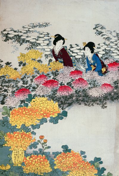 फ्लॉवरिंग गार्डन में महिलाएं (कलर वुडब्लॉक प्रिंट) द्वारा Japanese School
