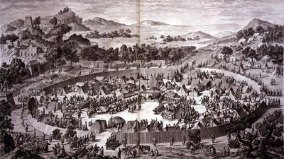 त्चाओ-होई ने येरेचिम की दीवारों के नीचे अपने शिविर में जुलाई 1759 में टाउन एंड प्रोविंस के निवासियों की श्रद्धांजलि प्राप्त की, पियरे फिलिप चो द्वारा उकेरी गई चीन के सम्राट कियानलॉन्ग की विजय का प्रतिनिधित्व करने वाले प्रिंटों की श्रृंखला से प्लेट 4 द्वारा जीन (डी.१७८१) (बाद में) दमिश्क