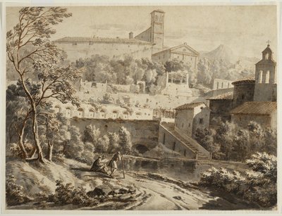 एक इतालवी शहर के नीचे एक रिवरबैंक के साथ एक कलाकार स्केचिंग, c.1780 (रखी कागज पर स्याही और धोना, काले चाक के निशान) द्वारा जीन एंटोनी कॉन्स्टेंटिन