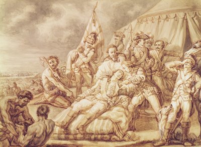 द डेथ ऑफ मारक्विस डे मॉन्टल्कम डे सेंट-वेरन (1712-59) (कागज पर बॉडीकोल के साथ पेन इन स्याही धोना द्वारा जीन एंटोनी वट्टू