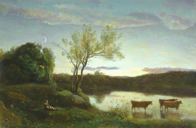 तीन गायों और एक क्रिसेंट चंद्रमा के साथ एक तालाब, c.1850 द्वारा Jean Baptiste Camille Corot