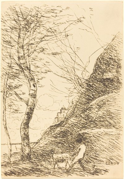 चरवाहा एक बकरी के साथ संघर्ष कर रहा है (बर्गर लुटेंट अवेक सा शेवरे) द्वारा Jean Baptiste Camille Corot