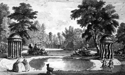 ग्रोटो और दो शेल मंदिरों का एक दृश्य, स्टोव हाउस गार्डन, 1753 में जॉर्ज बिचम द्वारा उकेरा गया द्वारा जीन बैप्टिस्ट क्लाउड चेटलेन