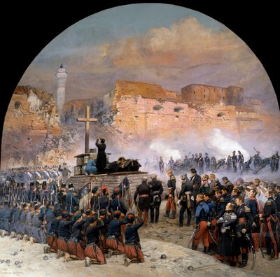 अल्जीरिया की विजय के दौरान कॉन्सटेंटाइन का अभियान (1830-1847): "" जनरल डेनिस डी डैमरेमोंट (1783-1837) की अंतिम संस्कार सेवा (अंतिम संस्कार) ने 18/10/1837 को अल्जीरिया में कॉन्स्टेंटाइन के ब्रेच के सामने मनाया। हमला ”” एडौस द्वारा पेंटिंग द्वारा जीन बैप्टिस्ट एडौर्ड डिटेल