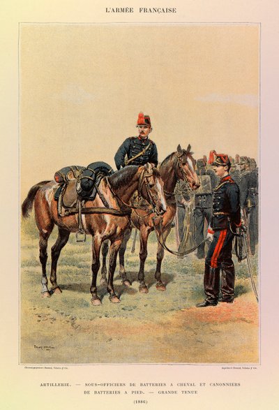 एडोर्ड डिटेल (1848-1912) द्वारा चित्रित कैप्टन जूल्स रिचर्ड की फ्रांसीसी सेना के प्रकार और वर्दी: आर्टिलरी: 1886 में बड़ी पोशाक में घोड़ों पर बैटरी के अंडर-ऑफिसर और पैदल बैटरी के गनर, निजी संग्रह द्वारा जीन बैप्टिस्ट एडौर्ड डिटेल