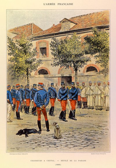 एडोर्ड डिटेल (1848-1912) द्वारा सचित्र कैप्टन जूल्स रिचर्ड के फ्रांसीसी आर्मी के प्रकार और वर्दी: हंटर्स ए हॉर्सबैक; 1886 में डिफाइल डे ला परेड, संग्रह आंशिकCollection द्वारा जीन बैप्टिस्ट एडौर्ड डिटेल