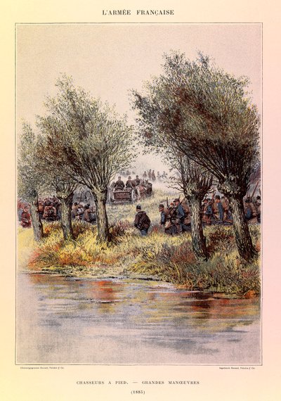 एडोर्ड डिटेल (1848-1912) द्वारा सचित्र कैप्टन जूल्स रिचर्ड की फ्रांसीसी सेना के प्रकार और वर्दी: पैदल शिकारी; 1885 में महान युद्धाभ्यास, निजी संग्रह द्वारा जीन बैप्टिस्ट एडौर्ड डिटेल