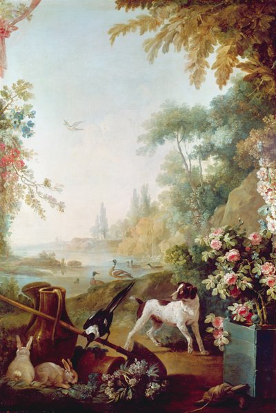 गिल्स डेमार्टो (1722-76) के सैलून से दो खरगोश, एक मैगपाई और एक कुत्ता, द्वारा जीन बैप्टिस्ट हुआ