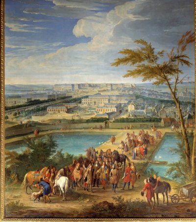 शहर और वर्साय के महल का दृश्य मोंटबाउरोन की पहाड़ी से लिया गया, लुई XIV (1638-1715) और फ्रेंकोइस मिशेल ले टेलियर, मार्क्विस डी लुवोइस नए जलाशयों का दौरा करते हैं जीन-बैप्टिस्ट मार्टिन (द एल्डर) द्वारा पेंटिंग (1659-1735) ) 17वीं शताब्दी का सूर्य। 2, द्वारा जीन बैप्टिस्ट मार्टिन