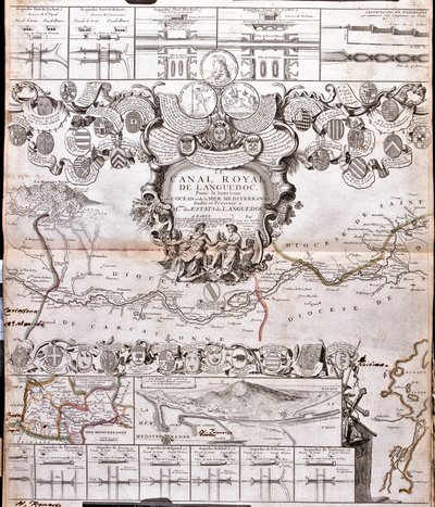 नहर डू मिडी का नक्शा, इसके एक्वाडक्ट्स के साथ (उत्कीर्णन द्वारा जीन बैप्टिस्ट नोलिन