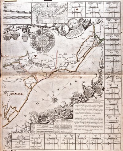 नहर डू मिडी का नक्शा, इसके एक्वाडक्ट्स के साथ (उत्कीर्णन द्वारा जीन बैप्टिस्ट नोलिन