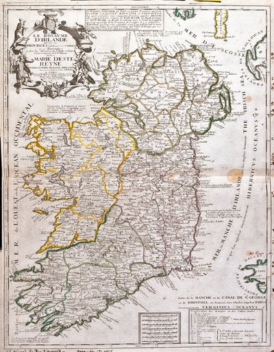 आयरलैंड के साम्राज्य का नक्शा, मैरी डी'एस्ट (1658-1718), इंग्लैंड, स्कॉटलैंड और आयरलैंड की रानी (उत्कीर्णन) को समर्पित द्वारा जीन बैप्टिस्ट नोलिन