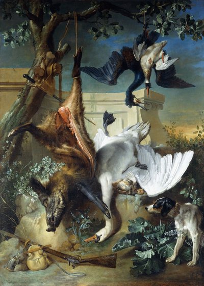 "द रिटर्न ऑफ़ द हंट": ए हंटिंग डॉग गार्डिंग डेड गेम, द्वारा Jean Baptiste Oudry