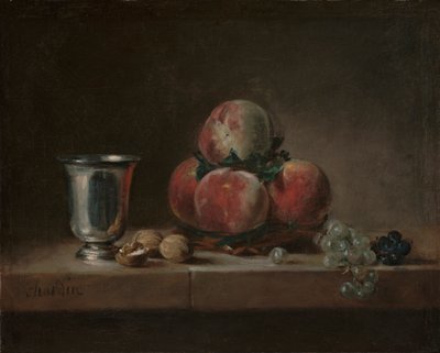पीचिस, सिल्वर गोब्लेट, अंगूर और अखरोट के साथ फिर भी जीवन, c.1759-60 (कैनवास पर तेल) द्वारा Jean Baptiste Simeon Chardin