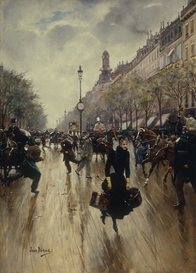 कैरेफोर ड्राउट और ग्रैंड बुलेवार्ड में चार बजे, c.1895 द्वारा Jean Beraud