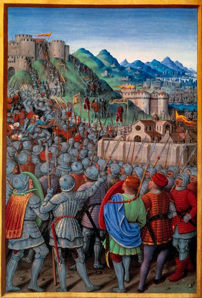 जेनोइस ने फ्रेंच (12 मार्च 1507) द्वारा कैस्टेलासियो डी जीन गार्ड पर हमला किया। जीन बौर्डिचॉन (1457? - 1521) द्वारा "" वॉयेज डी जीन्स "" (फोलियो 20 वी) में जीन मारोट द्वारा लिखित लघु, v.1508। पेरिस, एनएलई द्वारा जीन बॉर्डिचोन