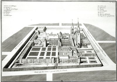 एंटोनी हेरिसेट (1685-1769) द्वारा उत्कीर्ण, 1640 से पहले सेंट-जर्मेन-डेस-प्रेसिडेंट के अभय का दृश्य द्वारा जीन चौफुइर