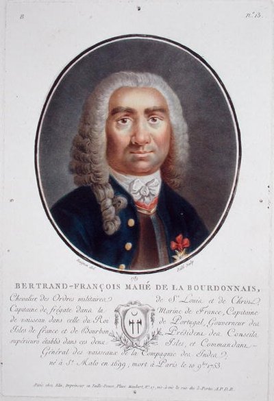 बर्ट्रेंड-फ्रेंकोइस माहे डे ला बॉरडोनाइस (1699-1753) राइड द्वारा उकेरे गए 'महान पुरुषों, शानदार महिलाओं और फ्रांस के यादगार विषयों के चित्र' से, 1787-92 (रंगीन लिथो) में प्रकाशित हुआ। द्वारा जीन क्लाउड (बाद में) नाइगोन