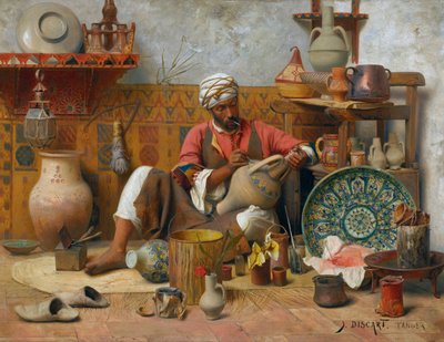 एक मिट्टी के बर्तनों का स्टूडियो, टेंगर - जीन डिस्कर्ट (1856-1944)। लकड़ी पर तेल आयाम: 35 और 545,5 सेमी निजी संग्रह द्वारा जीन डिसर्ट