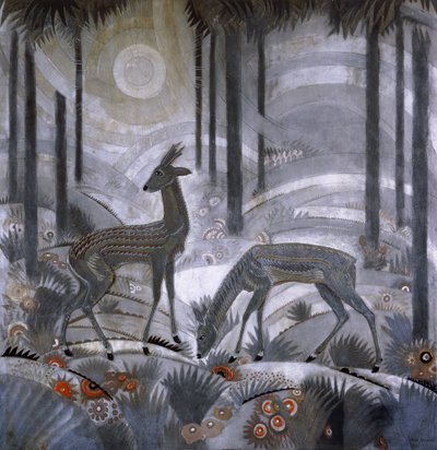 वन में दो हिरण, c.1929 (लकड़ी के लकड़ी के पैनल) द्वारा जीन डुनंड