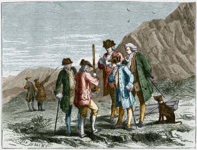 पुए डे डोम (1648) के शीर्ष पर ब्लेज़ पास्कल की हवा के गुरुत्वाकर्षण पर प्रयोग के दौरान इवेंजेलिस्टा टोरिसेली या टोरिसेली के बैरोमीटर (पारा ट्यूब) की ऊंचाई को मापने वाले फ्लोरिन पेरियर। यान डार्जेंट द्वारा उत्कीर्णन। द्वारा जीन एडौर्ड डार्जेंट