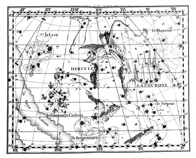 खगोलीय नक्शा, हरक्यूलिस के तारामंडल पर केंद्रित, 1775 द्वारा जीन फोर्टिन