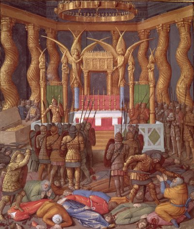 सुश्री एफआर 247 f.293 पोम्पी और उनके सैनिकों द्वारा जेरूसलम के मंदिर का वर्णन, &39;एंटीकाइट्स जुडाइसेस&39; से चित्रण, c.1470 द्वारा जीन फौक्वेट