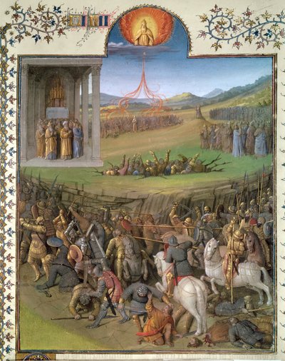सुश्री फ्राँ 247 f.70 इब्रानियों की कनानियों और कोरा के विद्रोह और विद्रोहियों के खिलाफ लड़ाई, &39;एंटीकाइट्स जुदाईज़&39; से चित्रण, c.1470 द्वारा जीन फौक्वेट